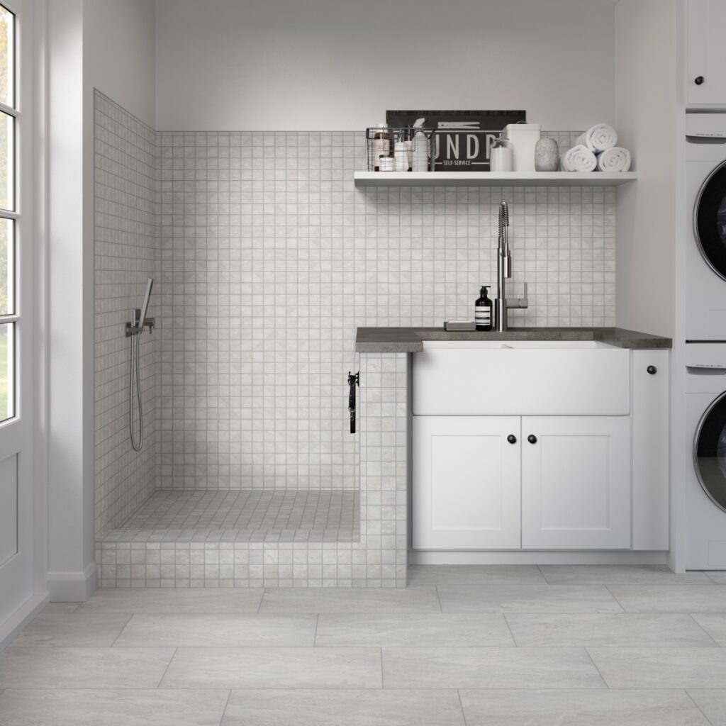 MILESTONE - 12X24, WHITE, MATTE laundry bathroom scene