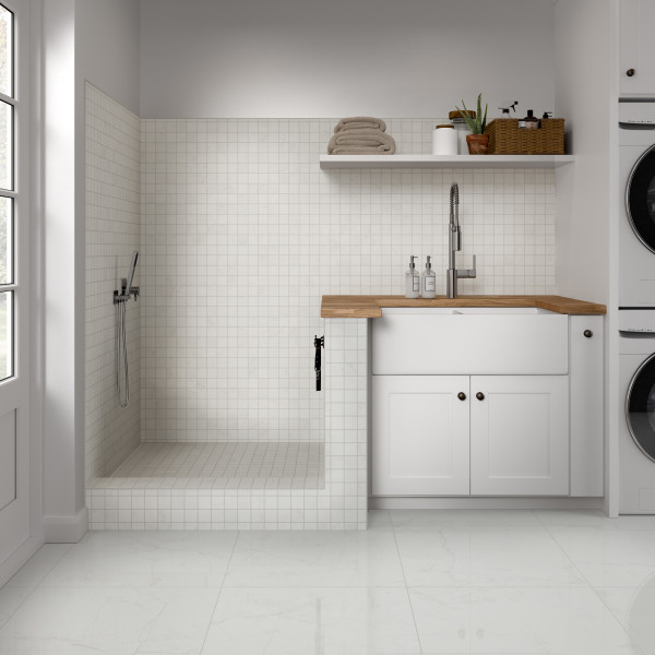 STERLINA II WHITE MATTE MOSAIC 2X2:12X12-POR bathroom laundry scene