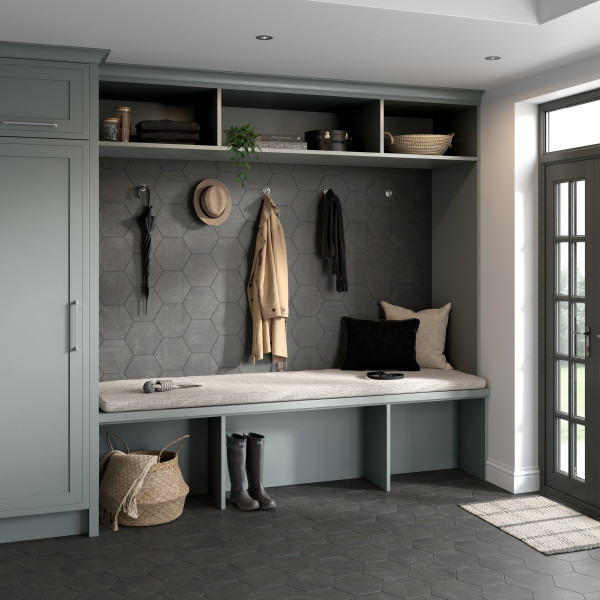 STERLINA II™ 8 x 10 Hexagon asphalt wall and floor sample mudroom scene