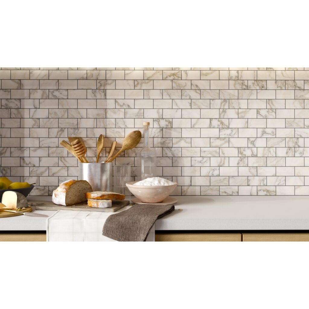 Calacata Giallo™ 2 x 6 Offset Mosaic wall sample