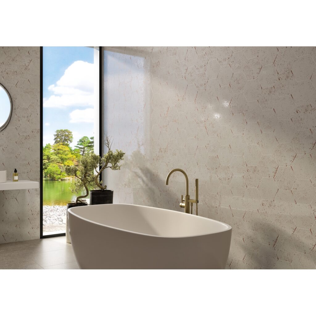 METAMOR™ 8 x 9 Hexagon Copan bathroom wall sample