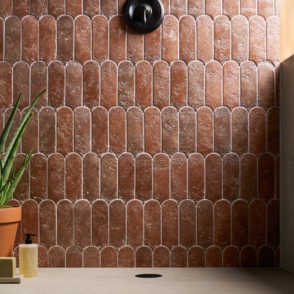 Corali Canyon Terracotta 3x9 Textured Fish Scale Matte Ceramic Tile shower wall sample