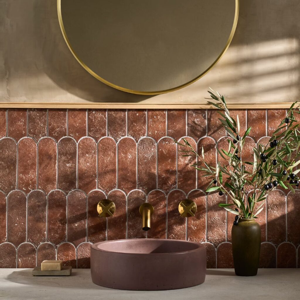 Corali Canyon Terracotta 3x9 Textured Fish Scale Matte Ceramic Tile wall sample