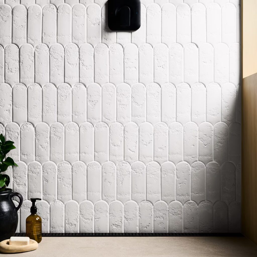Corali Cloud White 3x9 Textured Fish Scale Glossy Ceramic Tile wall sample