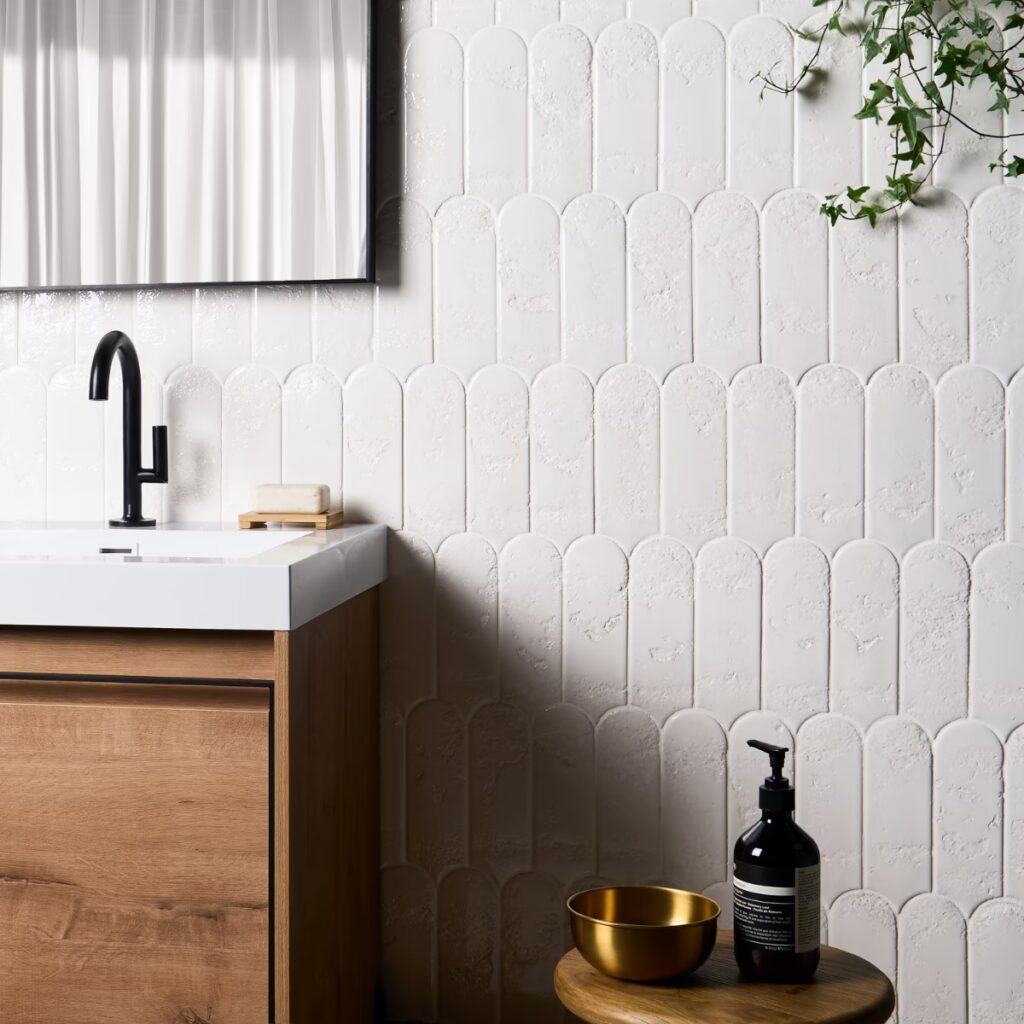 Corali Cloud White 3x9 Textured Fish Scale Glossy Ceramic Tile wall sample 2
