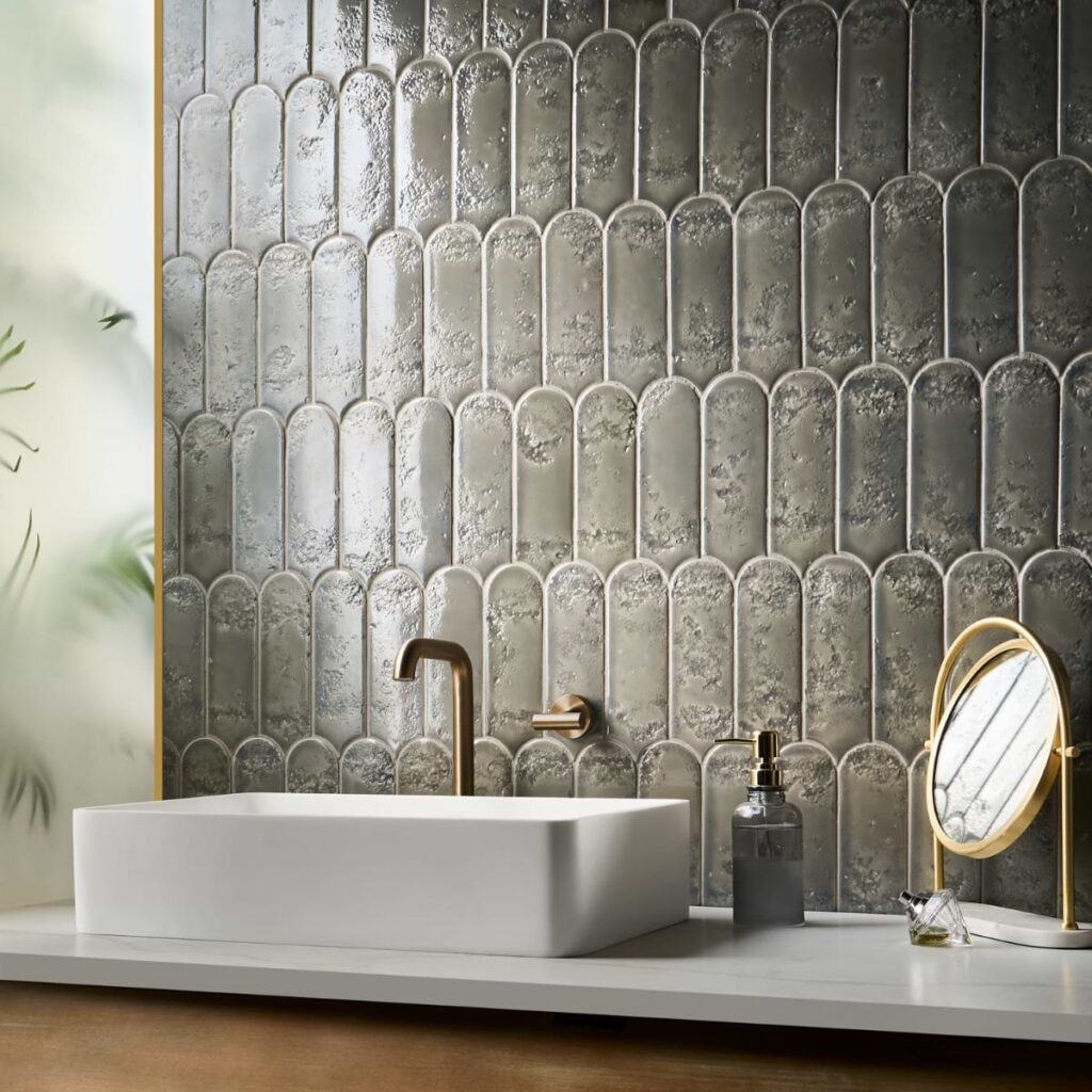 Corali Dove Gray 3x9 Textured Fish Scale Glossy Ceramic Tile wall sample