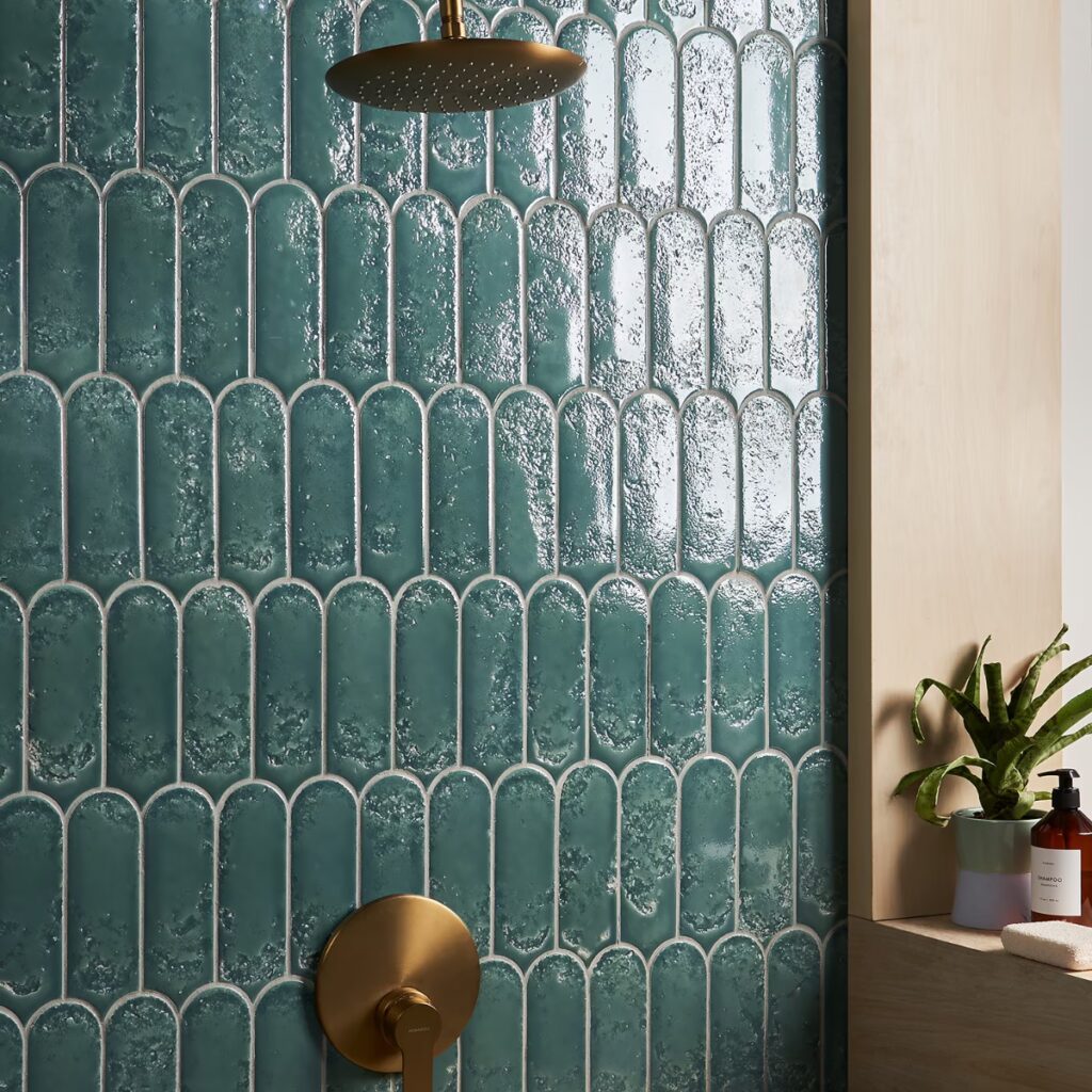 Corali Jade Green 3x9 Textured Fish Scale Glossy Ceramic Tile wall sample