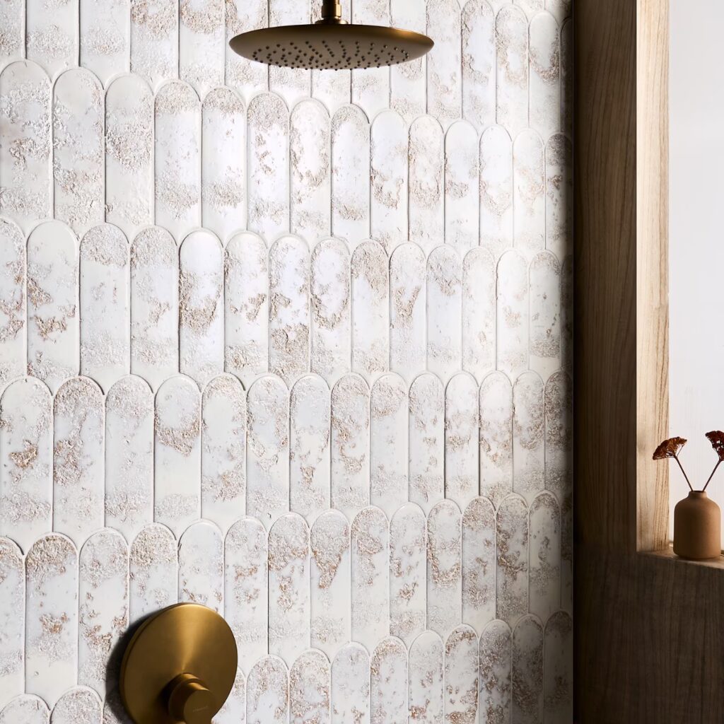 Corali Reef White 3x9 Textured Fish Scale Satin Ceramic Tile wall sample