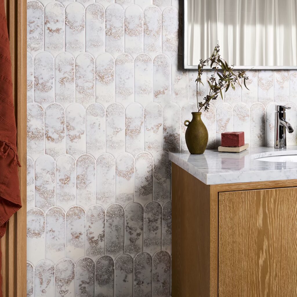 Corali Reef White 3x9 Textured Fish Scale Satin Ceramic Tile wall sample 2