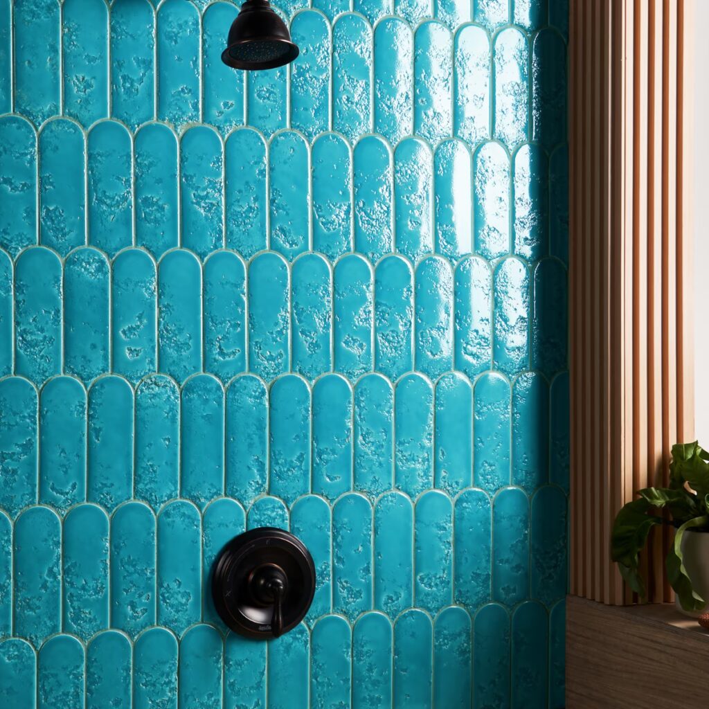 Corali Turquoise Blue 3x9 Textured Fish Scale Glossy Ceramic Tile wall sample