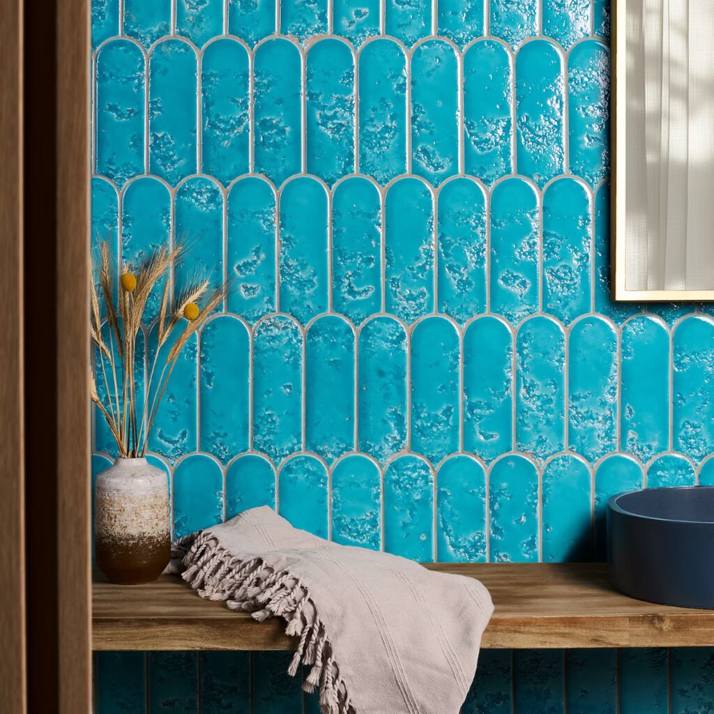 Corali Turquoise Blue 3x9 Textured Fish Scale Glossy Ceramic Tile wall sample 2