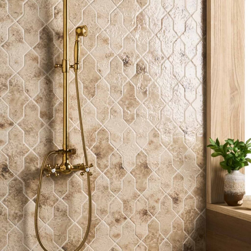 Greta Cruz Sand Beige 5x8 Glossy Textured Porcelain Tile shower wall sample