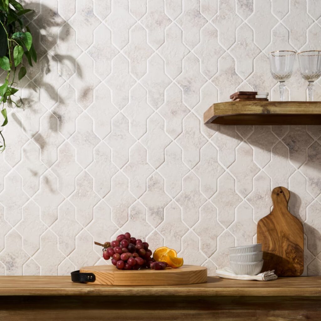 Greta Cruz Seashell White 5x8 Glossy Textured Porcelain Tile wall sample