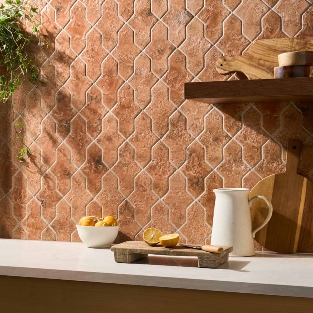 Greta Cruz Sunset Terracotta 5x8 Glossy Textured Porcelain Tile wall sample