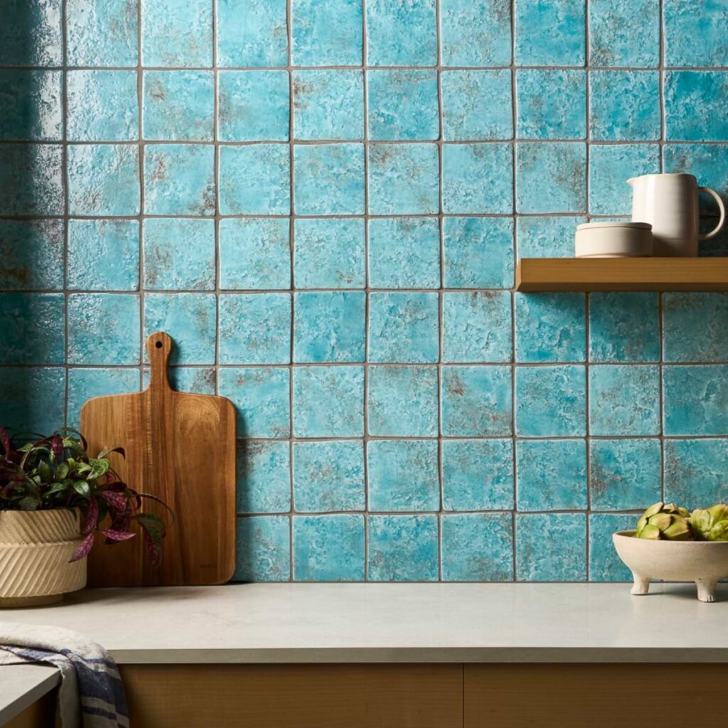 Greta Lagoon Blue 5x5 Glossy Textured Porcelain Tile wall