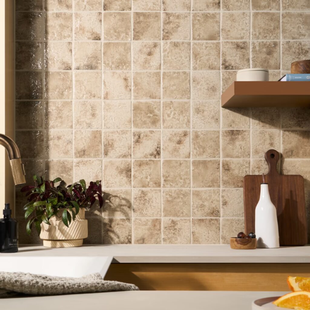 Greta Sand Beige 5x5 Glossy Textured Porcelain Tile wall sample