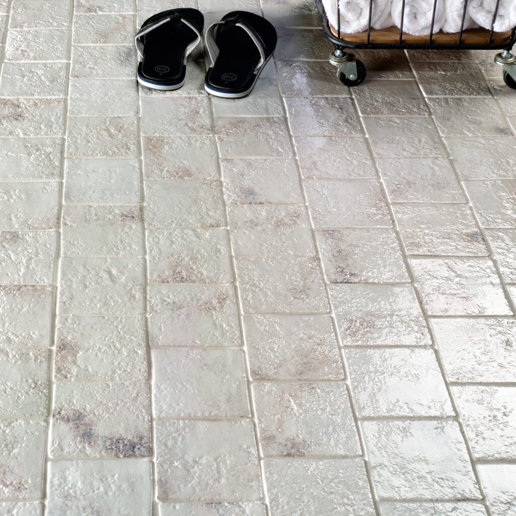 Greta Seashell White 5x5 Glossy Textured Porcelain Tile floor sample