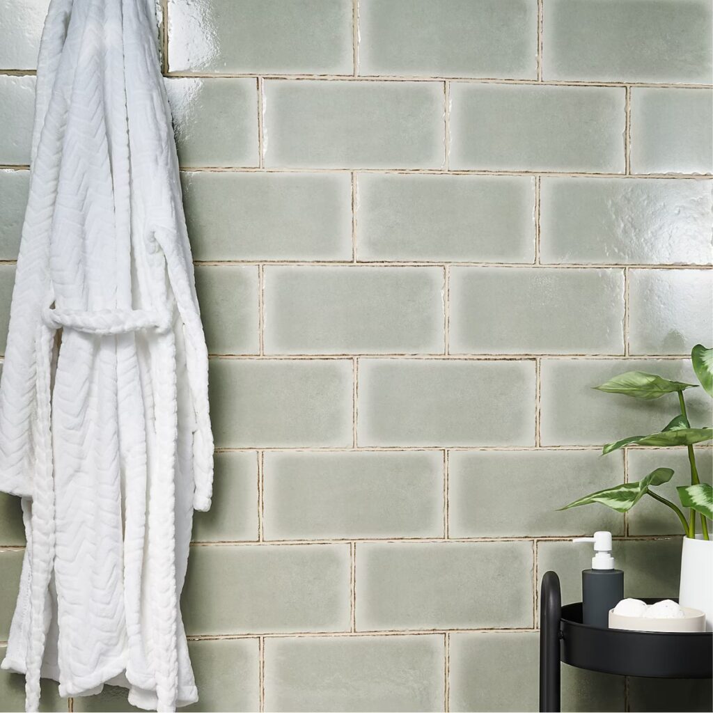 Jamesport Sage Green 6x12 Glossy Porcelain Subway Tile wall sample