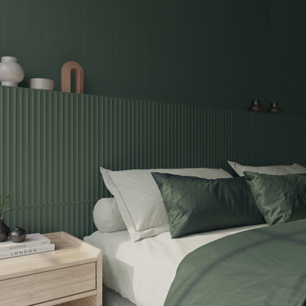 Plinto 4.2” x 21.3” Green matte wall sample bedroom setting