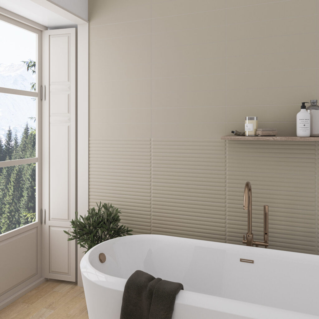 Plinto 4.2” x 21.3” Greige matte wall sampel bathroom setting