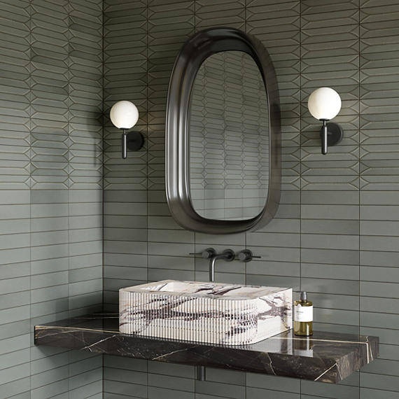 Terramater 3.5 x 15 Rectangle Lichen wall sample bathroom setting