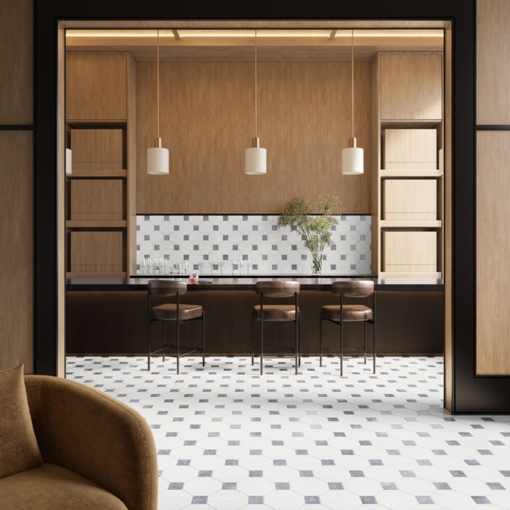 Alaris Glacier White 8 Octagon Lovina Gray Dot Roomscene01
