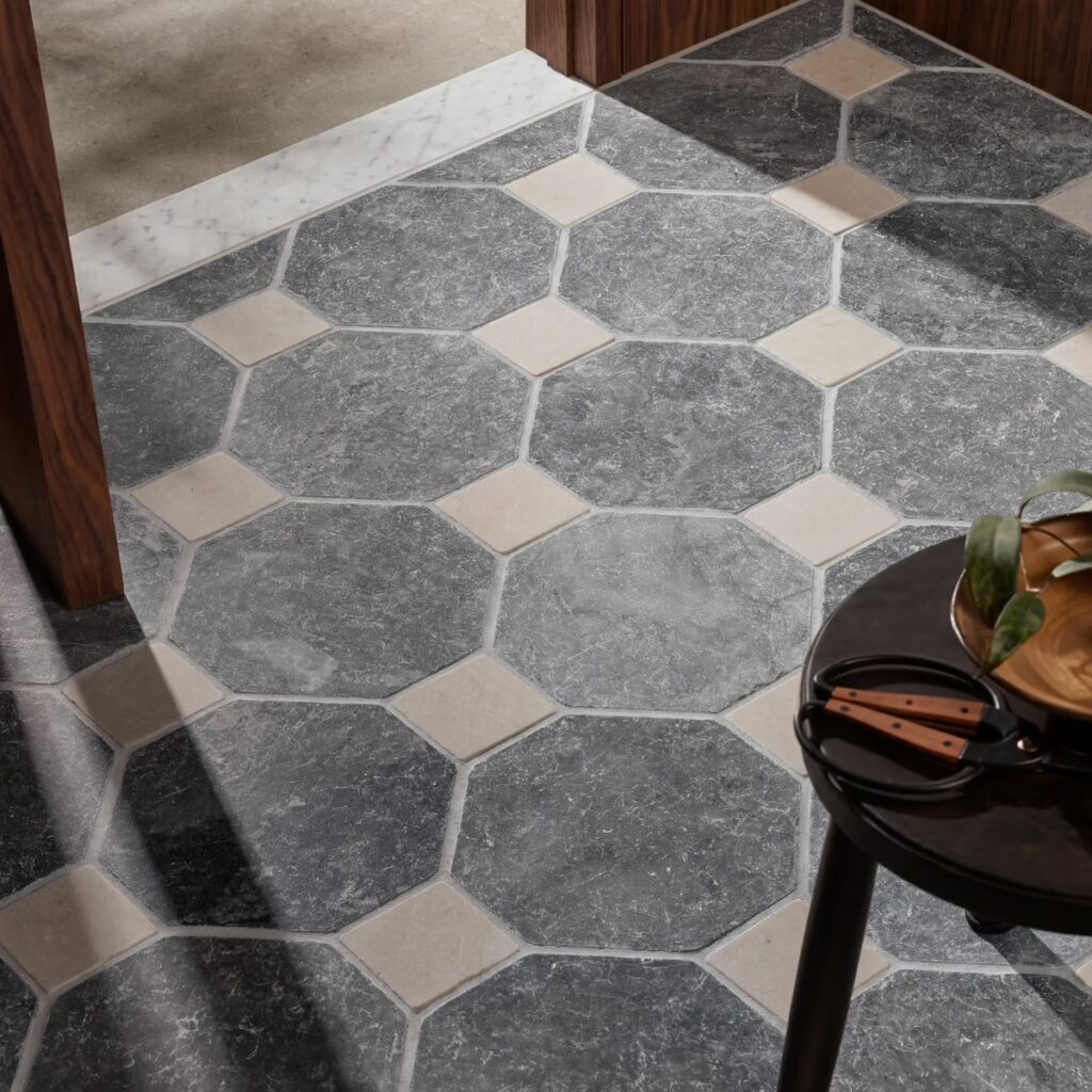 Alaris Lovina Gray 8 Octagon Crema Ella Dot Roomscene01