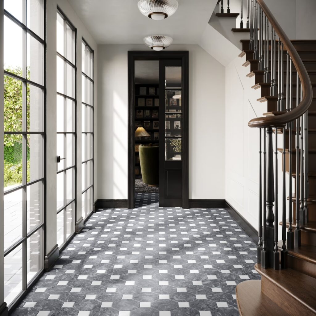 Alaris Lovina Gray 8 Octagon lacier White Dot Roomscene02