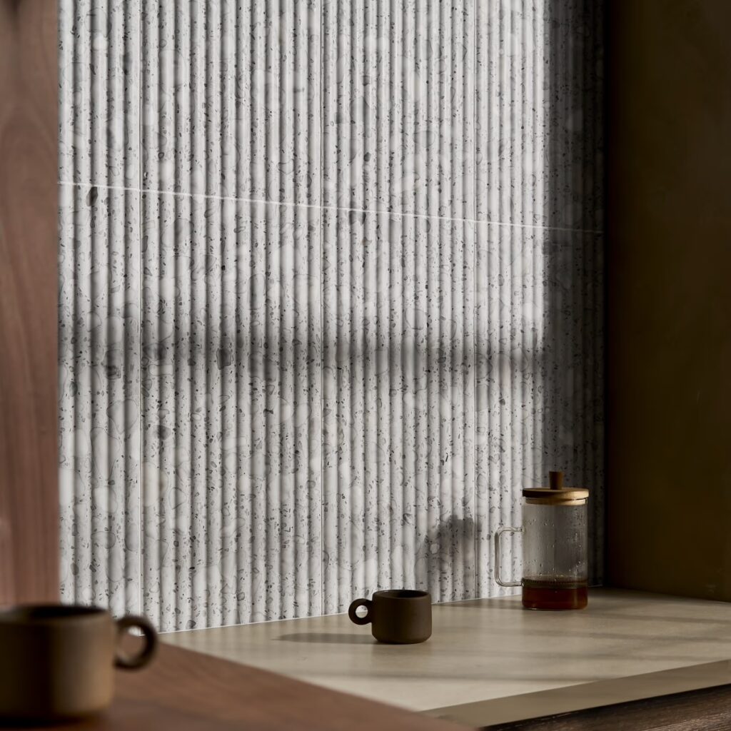 Terrazzo Italy Fluted Sacra Bianco White 12X24 Roomscene03
