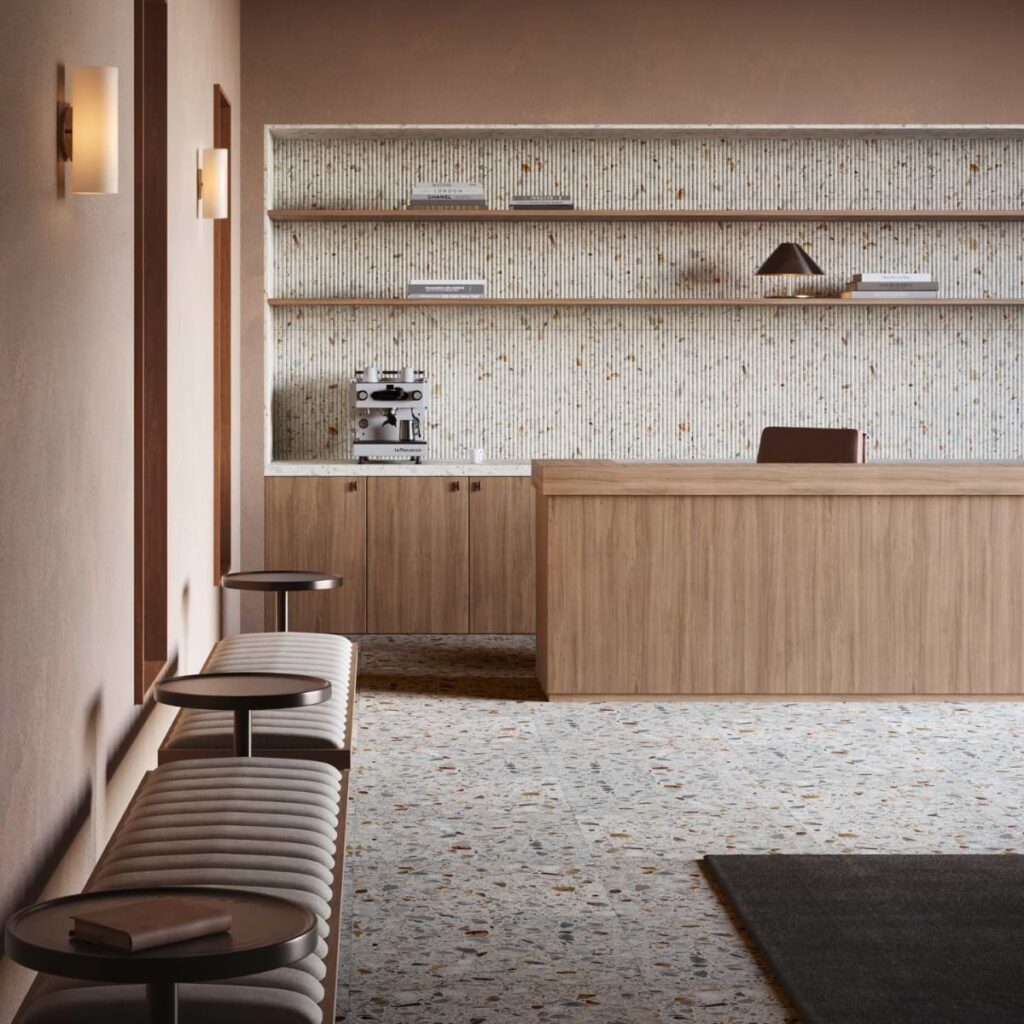 Terrazzo Italy Fluted Sacra Calacatta White 12X24 Roomscene01