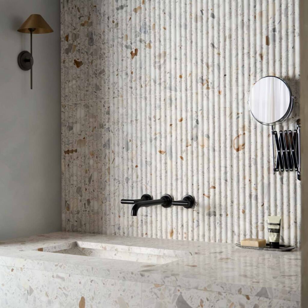 Terrazzo Italy Fluted Sacra Calacatta White 12X24 Roomscene02
