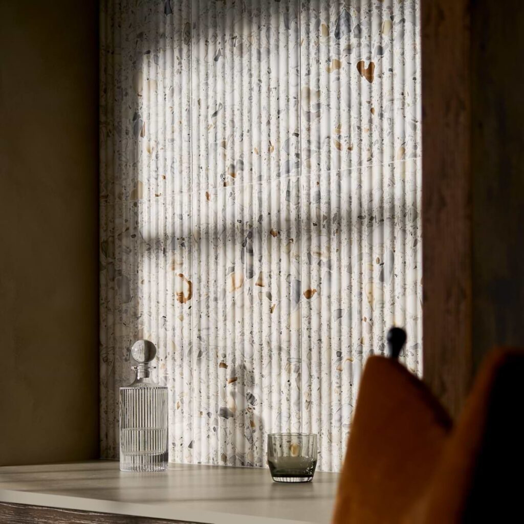 Terrazzo Italy Fluted Sacra Calacatta White 12X24 Roomscene03