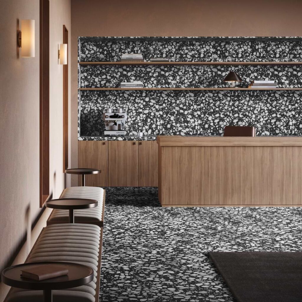 Terrazzo Italy Fluted Sacra Nero Black & White 12X24 Roomscene01