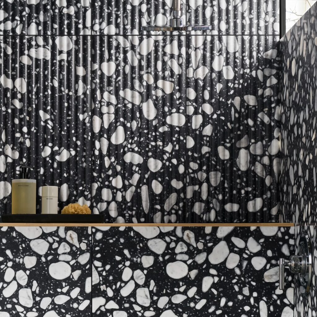 Terrazzo Italy Fluted Sacra Nero Black & White 12X24 Roomscene02