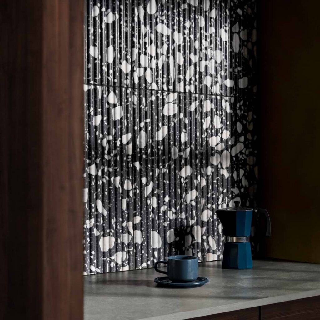 Terrazzo Italy Fluted Sacra Nero Black & White 12X24 Roomscene03